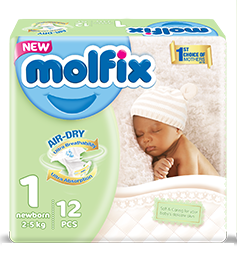 Molfix Baby Airdry diaper Size 1    2-5kg count 12